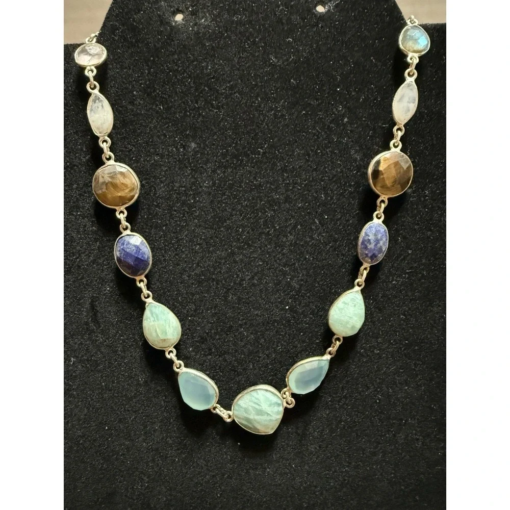Sterling Silver multi Genuine Stones Faceted Necklace 925 Lapis Smoky Quartz 14